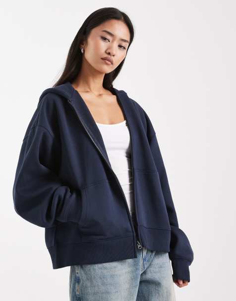 COLLUSION - Felpa squadrata color blu navy con cappuccio e zip - view 1