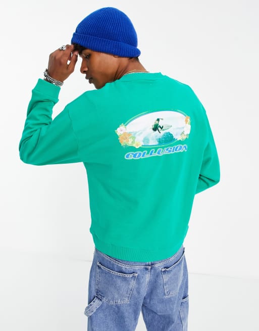 COLLUSION - Felpa squadrata verde con stampa surf