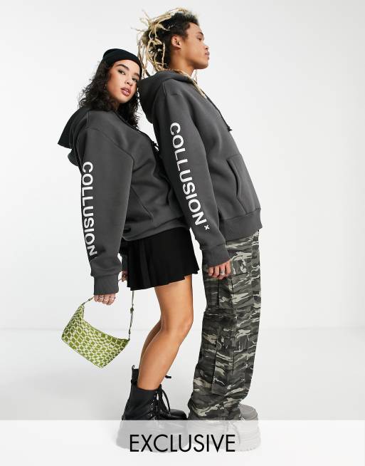 COLLUSION - Felpa unisex grigio scuro con cappuccio e logo