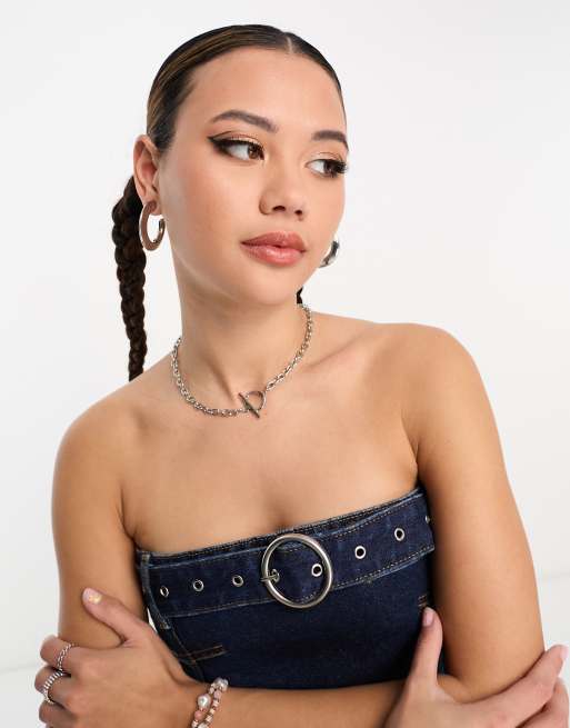 COLLUSION festival belted bandeau midi denim dress in Y2K blue