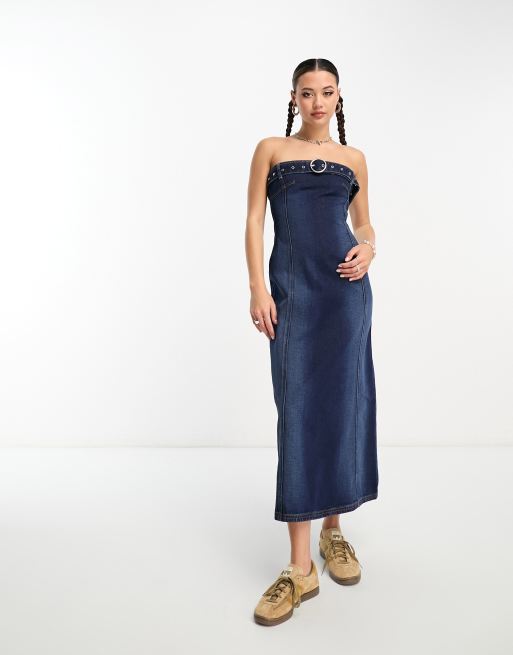 Blue belted midi denim 2024 dress