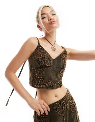 Collusion Festival Cami Top With Corded Embroidery In Chocolate - Part Of A Set-brown