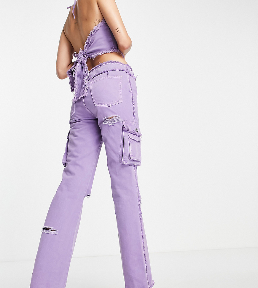 COLLUSION festival cargo detail flare jean with distressed seams co-ord in purple