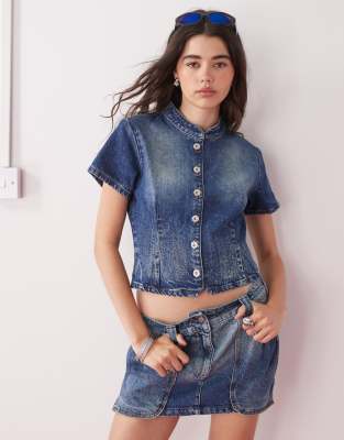 Collusion COLLUSION festival denim button through shirt co ord in vintage wash-Blue