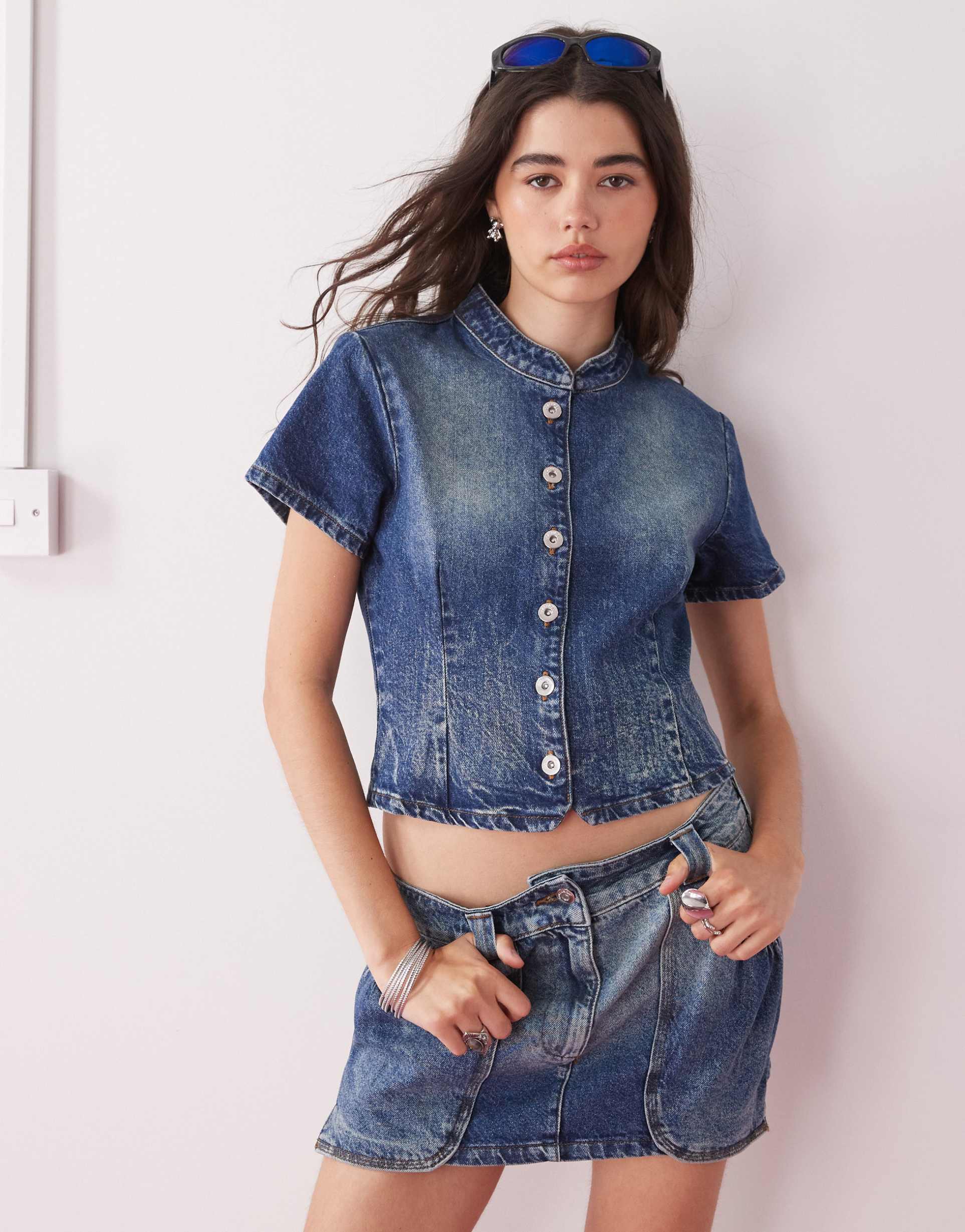 collusion festival denim button through shirt in vintage wash - part of a set