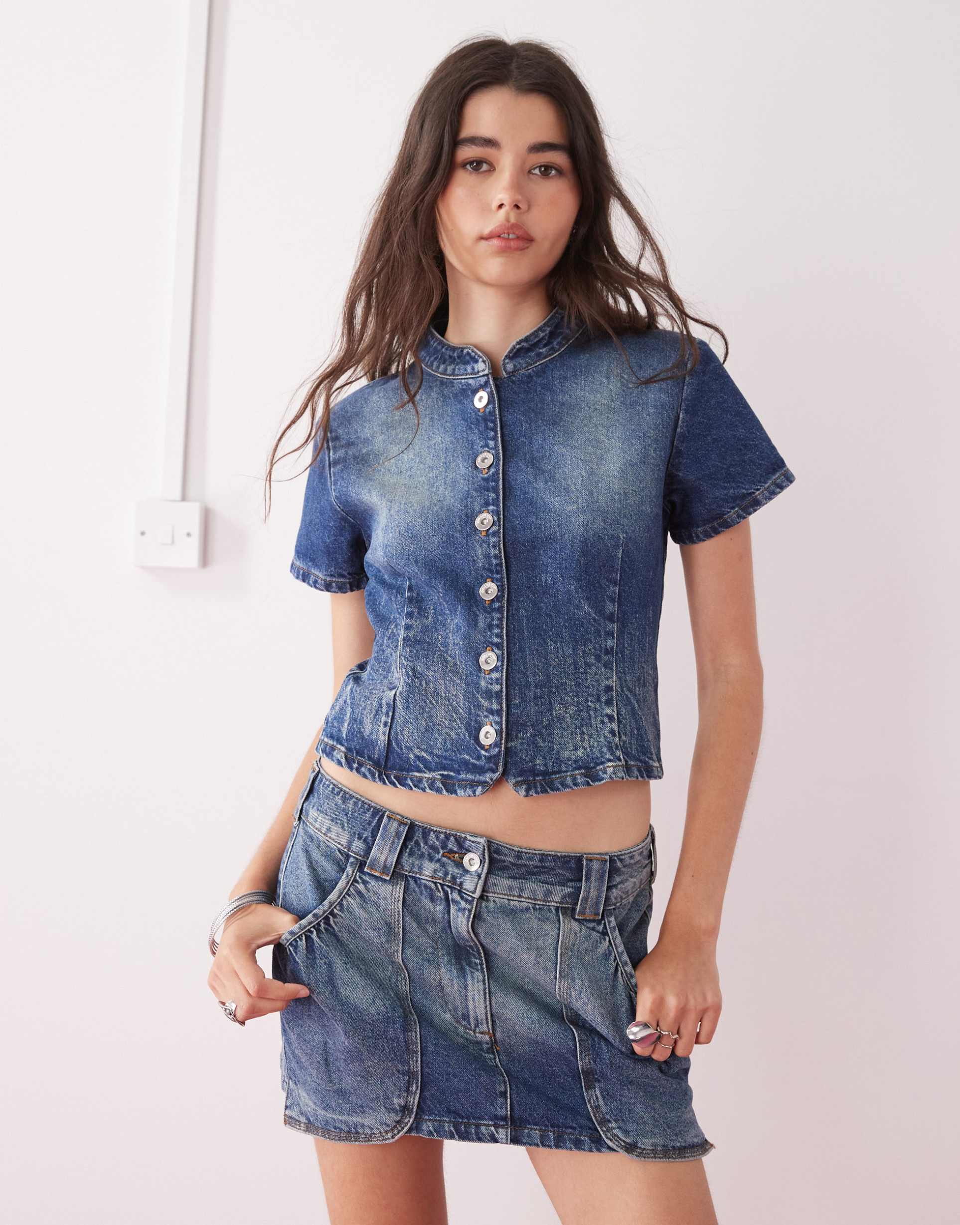 collusion festival denim mini skirt with pocket details in vintage wash - part of a set