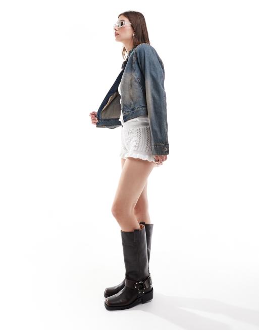 COLLUSION festival denim moto jacket in midwash blue, 3 of 4