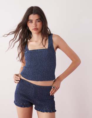 festival denim shirred booty shorts in blue - part of a set