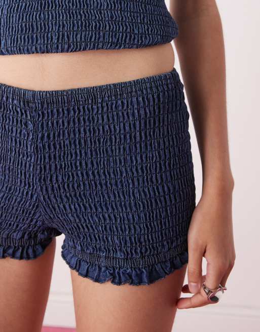 COLLUSION festival denim shirred booty shorts in blue - part of a set , 5 of 5