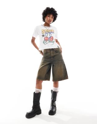 festival denim skater jorts in rust wash-Brown