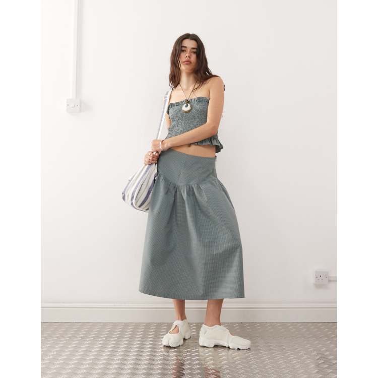 COLLUSION festival dropped waist midi skirt in green check