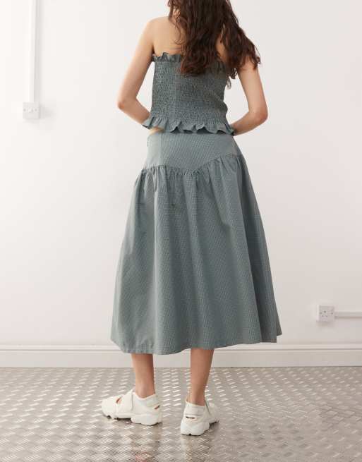 OHESHIO ■ CHECK FRILL MIDI SKIRT COLLUSION festival dropped waist midi skirt in green check