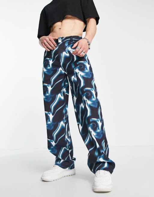 COLLUSION - Festival - Jaren 90 stijl broek met rechte pijpen en marmerprint in marineblauw