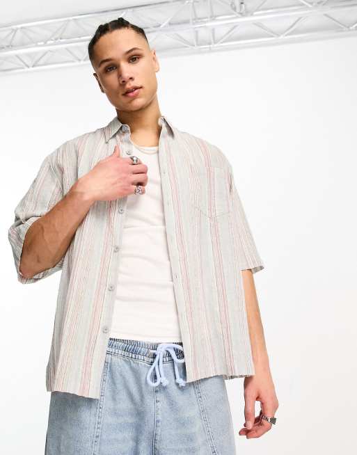 COLLUSION festival laundered striped woven-look short sleeve shirt in neutral