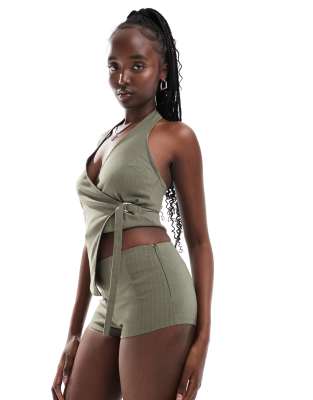 COLLUSION festival micro short co ord in green pinstripe