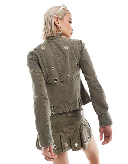 COLLUSION festival moto jacket with eyelets in oil wash co ord