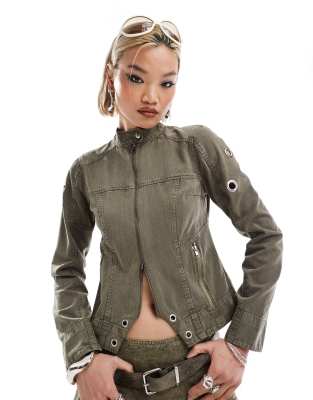 festival moto jacket with eyelets in oil wash - part of a set-Brown