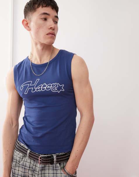 COLLUSION Festival muscle fit tank top in navy blue with hater slogan - view 1