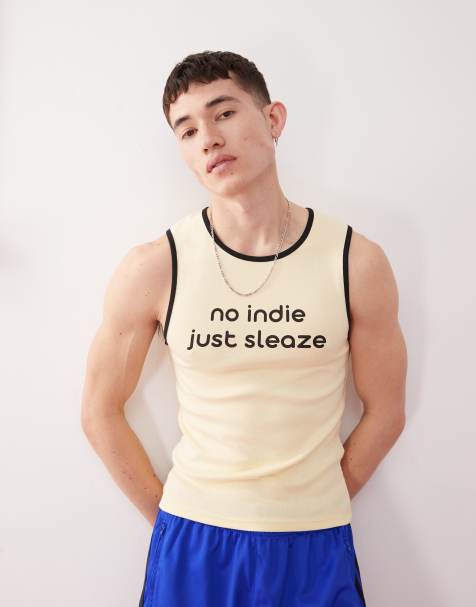 COLLUSION Festival muscle fit tank top in yellow with no indie just sleaze slogan - view 1