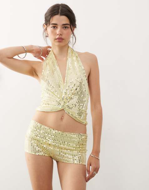 COLLUSION festival sequin cross-over halter top in yellow (Part of a set) - view 1