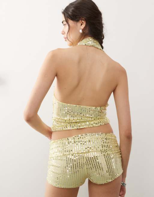 COLLUSION festival sequin cross over halter top in yellow - part of a set, 4 of 4