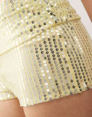 COLLUSION festival sequin foldover micro shorts in yellow - part of a set