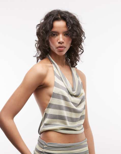 COLLUSION festival shimmer stripe halter top co-ord in yellow and grey - view 1