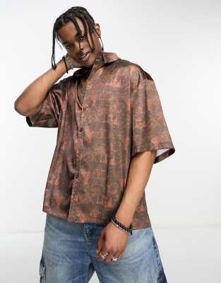 festival short sleeve satin shirt in brown and black print