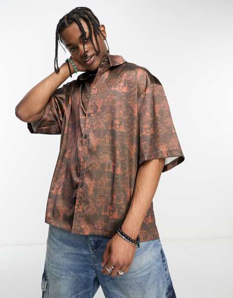 COLLUSION festival short sleeve satin shirt in brown and black print - view 1