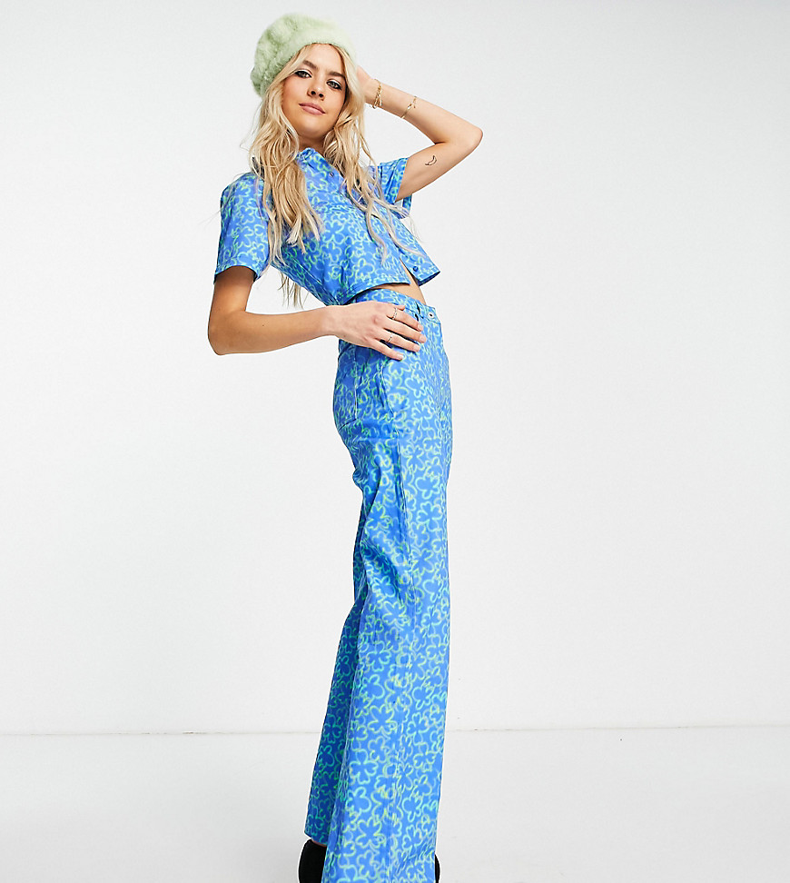 COLLUSION festival straight leg neon floral print pants in blue - part of a set-Multi