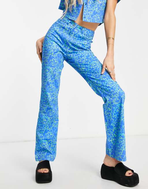 COLLUSION festival straight leg neon floral print trouser co-ord in blue |  ASOS