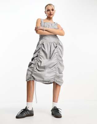 festival utility maxi dress with ruching in light gray