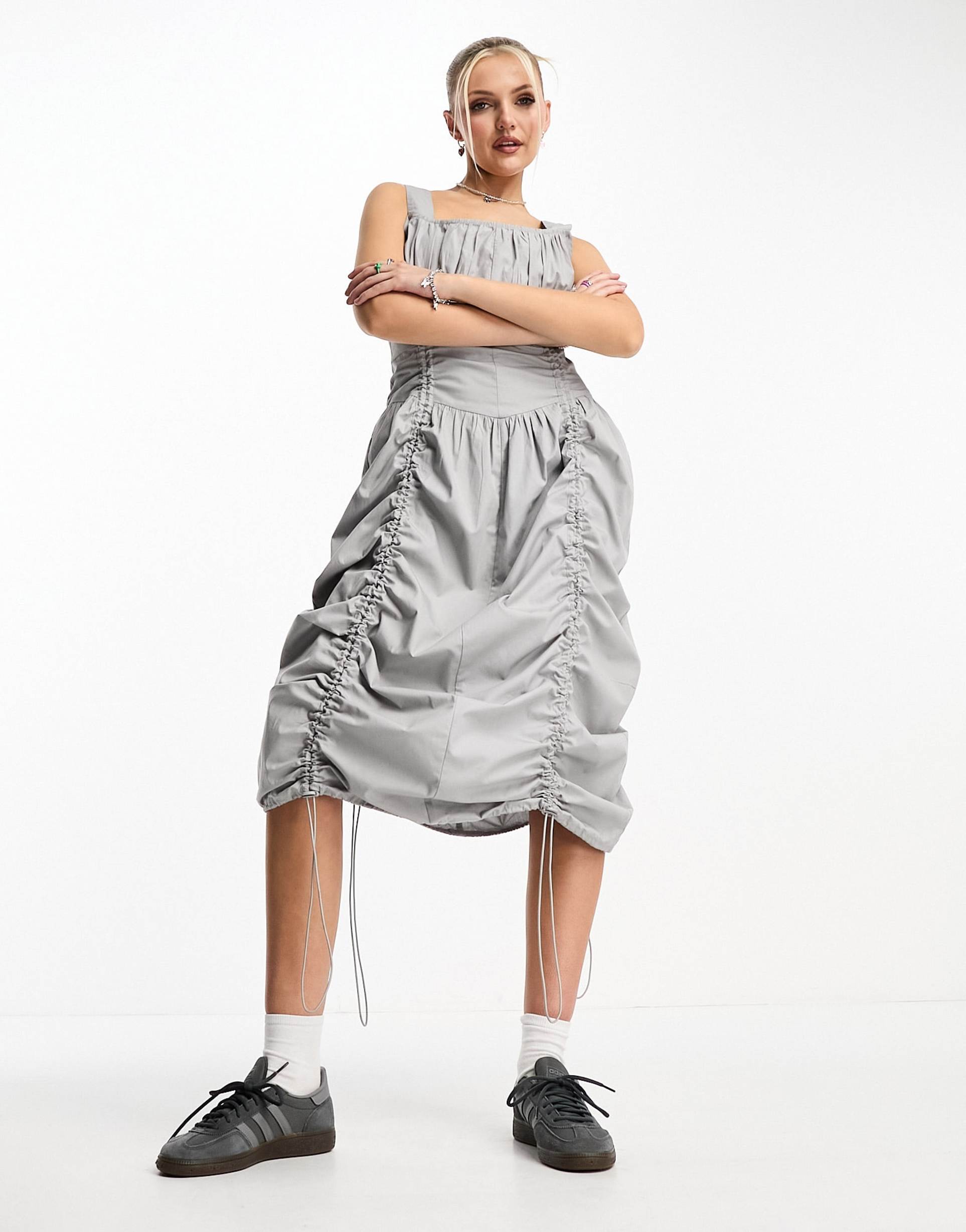 collusion festival utility maxi dress with ruching in light gray