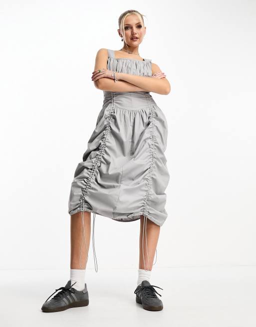 COLLUSION festival utility maxi dress with ruching in light gray
