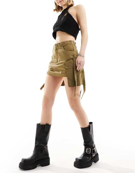 COLLUSION festival utility mini skirt with drop pocket and tab detail in khaki - view 1