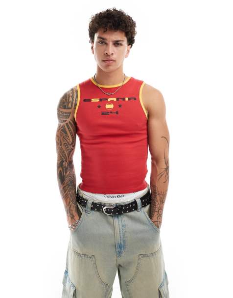 COLLUSION festival vintage sports singlet in red with Espania print - view 1