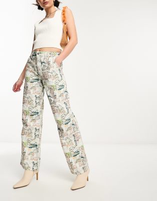 Collusion COLLUSION festival vintage straight leg jean in seahorse print - CREAM-White