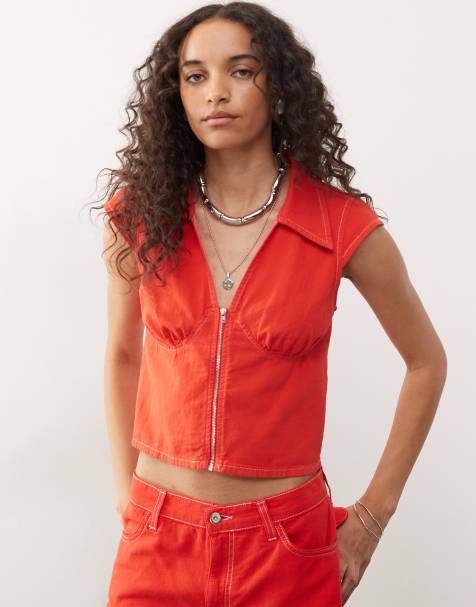 COLLUSION – Figurbetonte Bluse mit Leinenoptik in Rot, Kombiteil - view 1