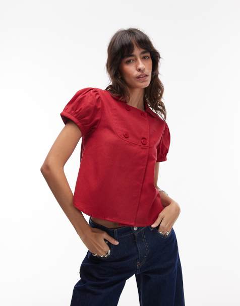 COLLUSION – Figurbetonte Twill-Hemdbluse in Rot mit Kappärmeln - view 1