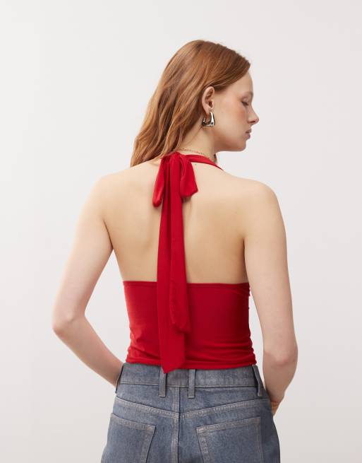 COLLUSION – Figurbetontes Longline-Oberteil aus rotem Cupro mit Neckholder, 4 von 4