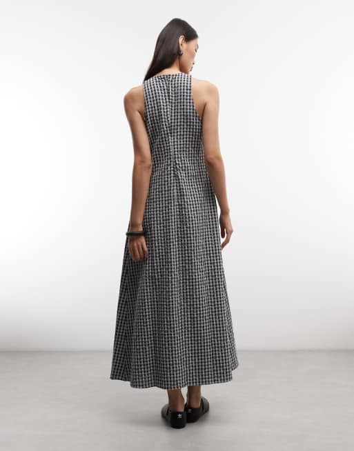 COLLUSION figurbetontes Midikleid mit Stehkragen in grauem Karomuster, 4 von 4