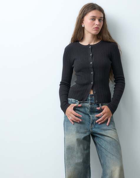 COLLUSION fine gauge knitted cardi in black - view 1