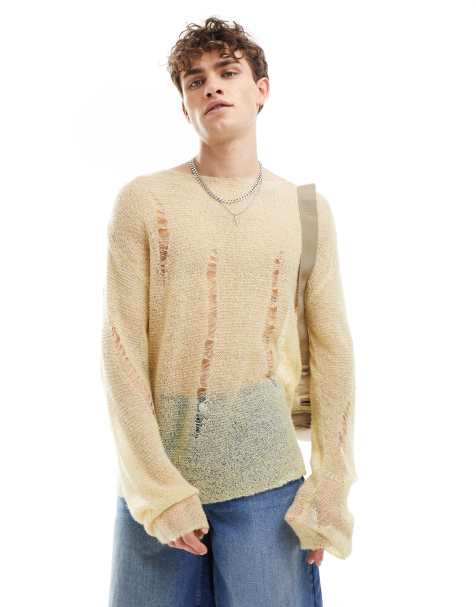 COLLUSION fine knit distressed sweater in light yellow - view 1