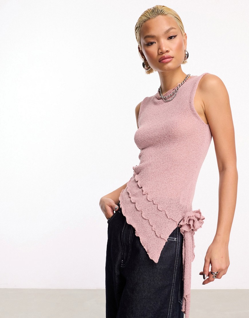 COLLUSION fine knit knitted vest with corsage trim in rose pink