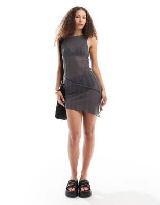Collusion Fine Knit Sheer Asymmetric Mini Dress In Charcoal-gray