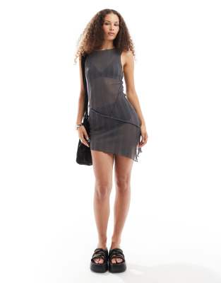 COLLUSION fine knit sheer asymmetric mini dress in charcoal-Grey