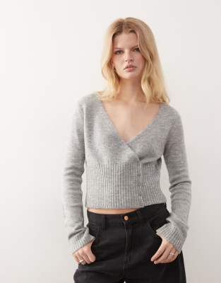 Collusion Fine Knit Wrap Top In Gray