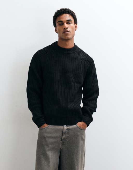 COLLUSION fisherman rib raglan knitted sweater in black, 2 of 5