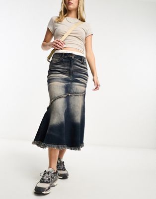 COLLUSION fishtail denim midi skirt with seam detail and pink wash