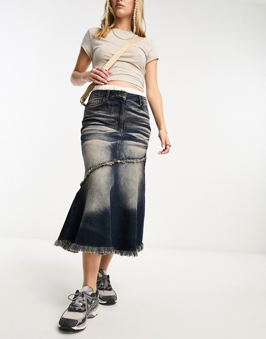 fishtail denim midi skirt with seam detail and pink wash-Blue